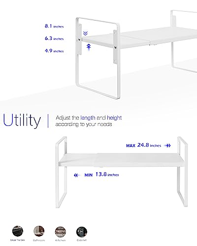 Nxconsu Cabinet Shelf Expandable Height Adjustable Organizer Riser for Kitchen Cabinet Pantry Cupboard Under Sink Countertop Organization Storage Space Saver Stackable Heavy Duty Metal White - color: White, size: 8.6’’D * 13.8-24.8’’W * 9.7’’H