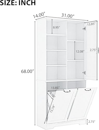 Virubi Tall Laundry Hamper Cabinet with 2 Tilt Out Hamper, Wood Tall Bathroom Laundry Room Storage Cabinet with Adjustable Shelves, Freestanding (White) - color: White, size: 31"x14"x68"