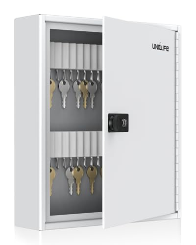 Uniclife 60 Position Slotted Key Cabinet with Combination Lock Resettable White Digital Security Storage Box Steel Key Organizer with Slotted Racks White Key Tag Labels and Permanent Pen - color: White, size: 60 Keys