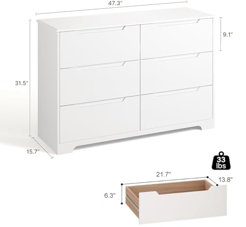 Gizoon 6 Drawer Double Dresser for Bedroom with Anti-Tip Design, Modern Wide Wooden Chest of Drawers with Cut-Out Handles, Closet Storage Organizer and TV Stand for Living Room, Hallway, Entryway - color: White, size: 15.7"D x 47.3"W x 31.5"H (6 Drawers)
