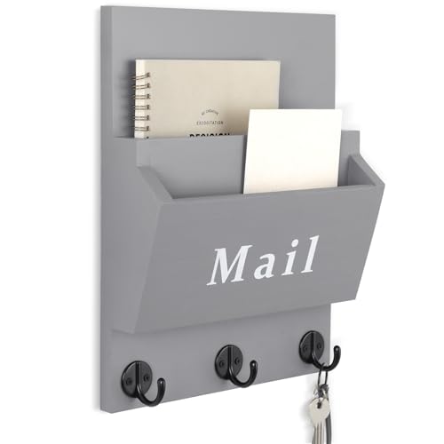 Mail and Key Holder - Decorative 9.8" x 12.5" Wall Key Hanger with 2 Mail Organizer Slots and 3 Hooks - Real Paulownia Wood with Keyhole Brackets, Hardware and Instructions (Gray) - color: Gray