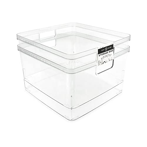 Isaac Jacobs 2-Pack Square Clear Storage Bins (10” L x 10” W x 6.1” H) w/Cutout Handles, Plastic Organizer for Home, Office, Kitchen, Fridge/Freezer, Bathroom, BPA Free, Food Safe (2-Pack, Square) - size: Square