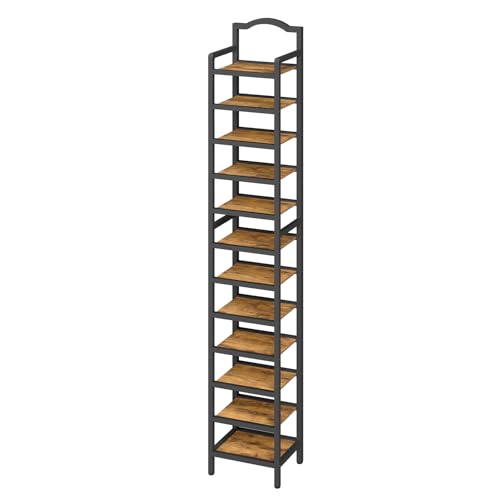YATINEY 12-Tier Tall Shoe Rack, Vertical Shoe Organizer for Small Spaces, Wooden Shoe Shelf for Entryway, Space Saving Shoe Storage, Holds 12 Pairs of Shoes, Rustic Brown and Black SS52BR - color: Rustic Brown + Black, size: 11" x 11" x 85.8"