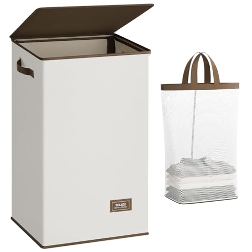 SOLEDI Laundry Hamper with Lid 90L Large & Tall Collapsible Laundry Basket, Clothes Hamper with Bag Removable Easy to Carry, Dirty Hampers for Bedroom, Bathroom, Dorm, College, Beige - color: Off-White, size: 90L