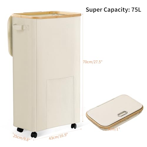 Laundry Basket with Wheels, Dirty Clothes Hamper on Wheels, Rolling Tall Laundry Hamper with lid for Laundry Room, Dorm and Bathroom, 75L Beige - color: Beige, size: 75L