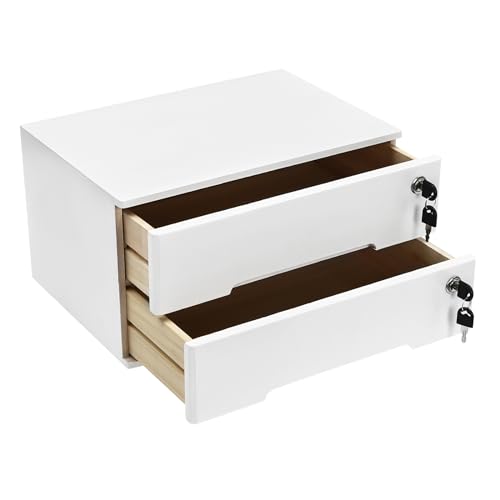 2-Tier Desk Organizer with Lockable Drawers, 2 Pairs of Keys, Wooden Desktop Storage Box, Categorized Storage Desktop File Cabinet(White)… - color: White-2 Tiers