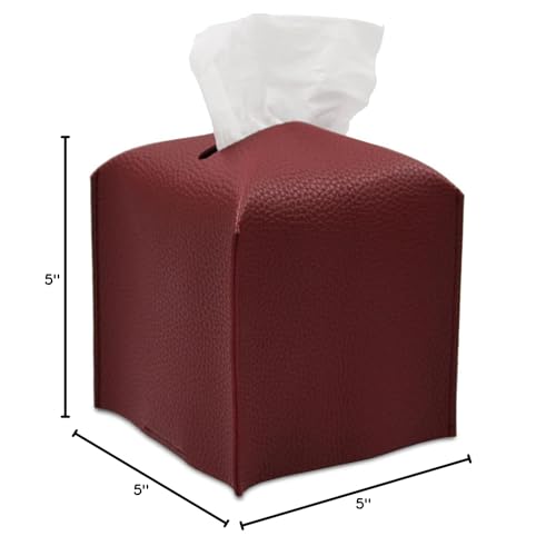 Livelab Tissue Box Cover Holder, Square Modern Decoration PU Leather Facial Tissues Case Roll Paper Dispenser for Bathroom Vanity Countertop, Night Stands, Office Desk Car 5X5X5'' | Wine Red - color: Wine Red