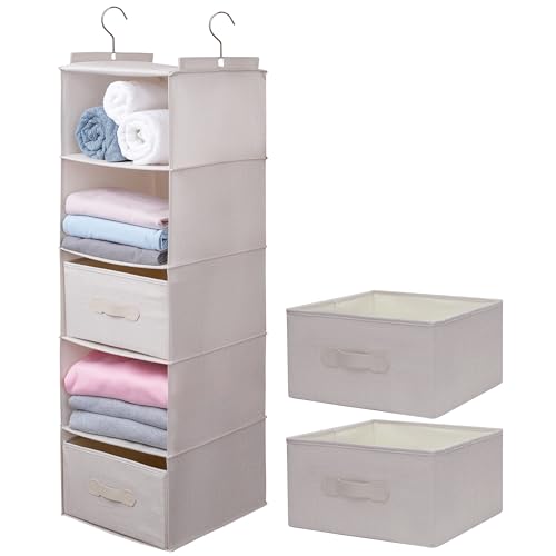 Large Hanging Sweater Organizer for Closet,Collapsible 6-Shelf Hanging Closet Shelves with Drawers, Washable (Beige -5 Shelf-2 d) - color: Beige, size: 5 Shelf with 2 drawers