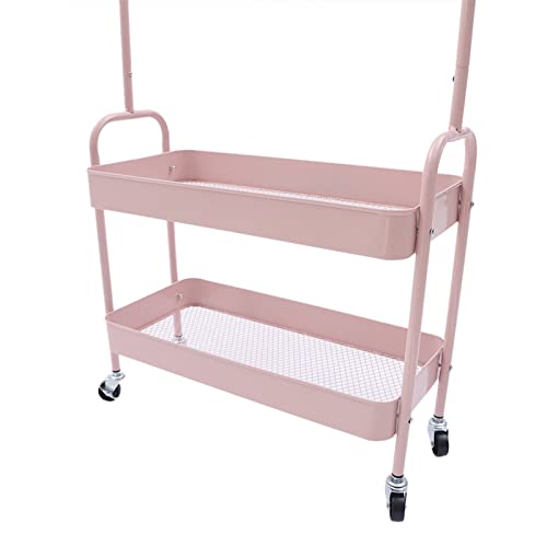 2-Tiers Clothes Rack Freestanding Clothing Garment Rack with Metal Basket Rolling Storage Clothes Shelves Portable Organizer Coat Rack for Entryway Home Bedroom Laundry Small Place (Pink) - color: Pink