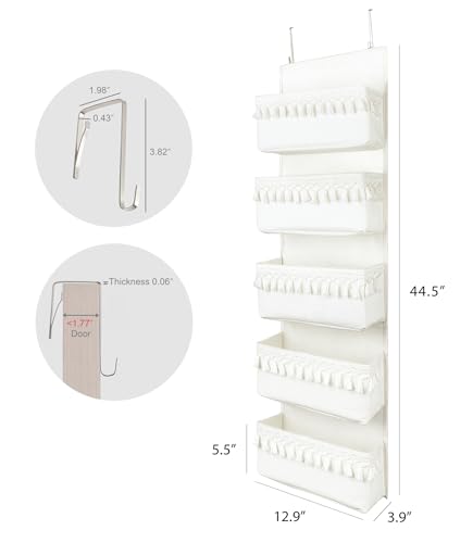 Dahey Over The Door Organizer Boho Nursery Storage Decor Closet Hanging Organizer with Tassels Decoration for Bedroom Nursery Bathroom Apartments Dorm Pantry, 5 Pockets, White - color: White, size: Large