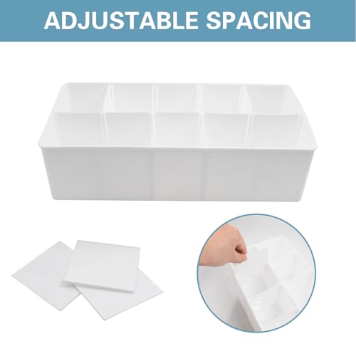 Plastic Belt Organizer, 10 Section Drawer Organizer for Storage Belt, Ties, Underwear and Socks, White Removable Dividers Storage Box for Closet Dresser Drawer, 12 x 6.2 x 3.1 Inch