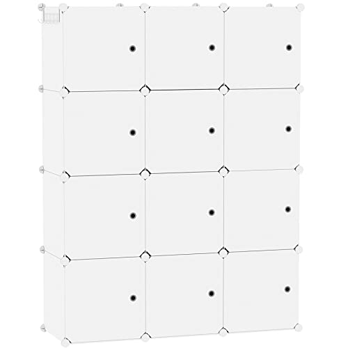C&AHOME Cube Storage Organizer with Doors, 12-Cube Shelves, Closet Cabinet, DIY Plastic Modular Bookshelf Ideal for Bedroom, Living Room, 36.6”L x 12.4”W x 48.4”H Milky USHS3012M-DOOR - color: Milky