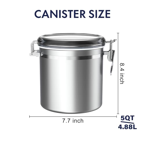 ENLOY 165oz Stainless Steel Airtight Canister for Kitchen, Large Flour Coffee Bean Tea Cereal Sugar Cookie Metal Food Storage Canisters with Clear Lid and Sturdy Locking Clamp (7.7 * 7.7 * 8.4in) - size: Large