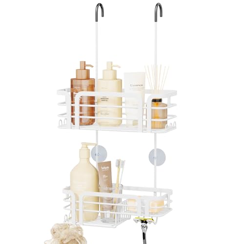 SWTYMIKI Shower Caddy Hanging Organizer - Over the Door Shower Caddy with Soap Holder, 11 Hooks, 2 Installation Ways, Stainless Steel Rustproof Bathroom Organizer, Black - color: White