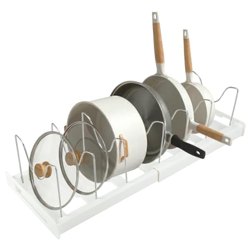 Adjustable Pot and Pan Organizer for Cabinet, Expandable 12"-22" Pan Lid Rack with 7 Stainless Steel Dividers, ABS White Kitchen Cabinet Organizer for Pots, Lids, Cutting Boards - color: White Grey