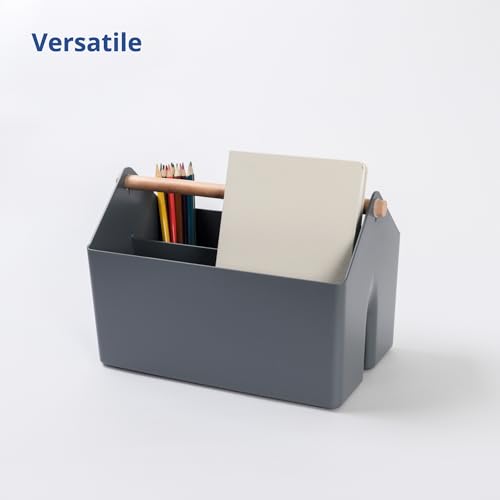 BLUE GINKGO Medium Storage Basket – Plastic Caddy with Wooden Handle for Office, Arts & Crafts, or Home Supplies (Gray) - color: GREY, size: Medium