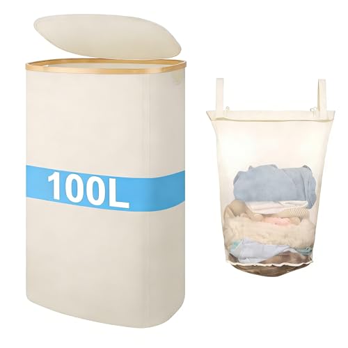 Laundry Hamper with Lid, 100L Clothes Hampers for Laundry with Bamboo Handles and A Removable Bag, Fordable laundry Basket with Lid for Bathroom, Bedroom, Dorm, Laundry Room - color: Beige, size: 100L