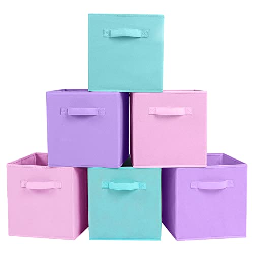 PowerKing Collapsible Storage Cubes with Handles, Fabric Foldable Bins for Closet Shelves, Durable Organization Storage Bins, 10.5'' x 11'' x 10.5'' (Lavender+Light Blue+Pink, 6Pack) - color: Lavender+Light Blue+Pink, size: 6Pack