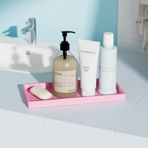 Vanity and Bathroom Tray, 9.8" ABS Countertop Organizer,Waterproof Vanity Tray for Toilet Tank,Perfume,Soap,Keys,Bathroom Accessories,Kitchen and Bath Trays,Non Slip Small Trays,Pink - color: Pink, size: 9.8" x 4.7" x 0.7"