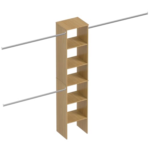 ROOMTEC Closet System, 17" Wide Wall-Mounted Closet Organizer Kit with Wood Storage Tower and 3 Hanging Rods, Wardrobe Closet System for Walk-In Closets, Wood - color: Wood, size: 17 Inch