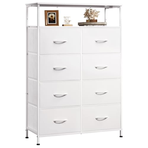 WLIVE Fabric Dresser for Bedroom with Open Shelves, Tall White Dressers with 8 Drawers, Storage Tower with Fabric Bins, Chest of Drawers for Closet, Hallway - color: White, style: Raised Shelves