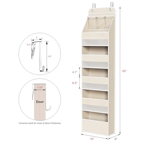 Univivi 6-Shelf Over Door Hanging Organizer Fabric Baby Door Storage with 5 Extra Large Capacity Pockets Behind the Door Hanging Storage Organizers Easy Install Door Storage for Baby Essential (Beige) - color: Beige Pattern, size: 6 LAYER