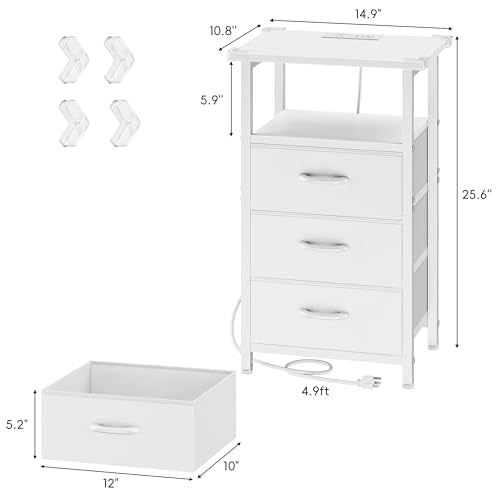 Vagusicc Night stand Set 2 with Charging Station, LED Nightstand for Bedroom, White Bedside Table with 3 Fabric Drawer, End Table Side Table with USB Ports & Outlets, Bed Side Table for Bedroom, White - color: White, size: 2 Pieces, style: With LEDs