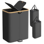 SONGMICS Laundry Hamper with Lids, Laundry Basket with 2 Compartments, 39 Gal. (150 L), Removable Liner Bag, for Laundry Room, Bedroom, Living Room, Ink Black and Light Bamboo ULCB523B01 - color: Ink Black, size: 150L (2-Section with Double Lid)