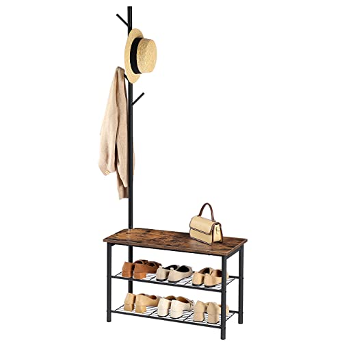 HOOBRO Coat Rack Shoe Bench, 3-Tier Shoe Rack, Industrial Shoe Organizer Storage Bench, Entry Bench with Mesh Shelves, for Entryway, Living Room, Hallway, Easy Assembly, Rustic Brown BF12HX01