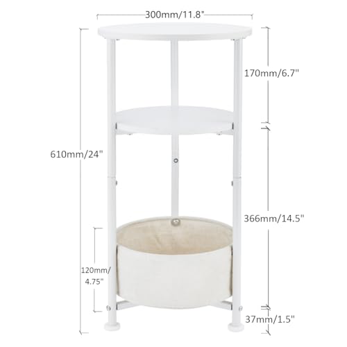 Small Round Side Table with Storage Basket, 3-Tier Narrow End Table Nightstand for Living Room Bedroom, 11.8" Diameter Modern Bedside Table for Small Spaces, Wood Grain & Metal Frame (White) - color: White