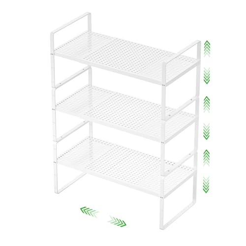 Expandable Cabinet Storage Shelf Stackable Organizer Rack for Kitchen Bathroom Pantry Spice Cupboard Coffee Countertop Home Office Desk Heavy Duty Nonslip White Large 3 Packs - color: White 3 Packs, size: Large - 10.2"W x (16.5"-27.1")L x 9.8"H