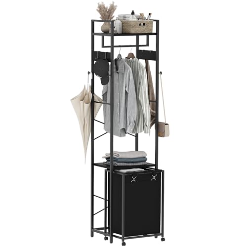 Coat Rack with Laundry Basket, Laundry Hamper Freestanding Hall Tree, Clothes Rack with Storage Shelves, 14.5 Gal Removable Bags on Wheels, Black JLH005B - color: Black