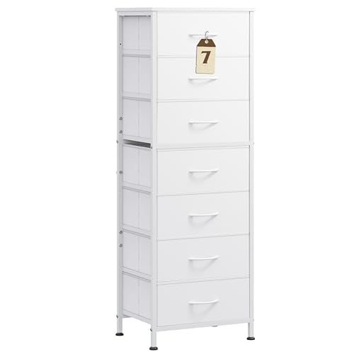 WLIVE White Tall Dresser for Bedroom, 7 Drawer Dressers & Chests of Drawers, Fabric Dresser for Closet, Living Room, Night Stand with Metal Frame, Storage Tower with Fabric Bins, Wood Top - color: White, size: 11.73"D x 15.67"W x 45.28"H