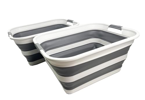SMMART Collapsible Plastic Laundry Basket with Handle/Foldable Pop Up Storage Hamper/Portable Laundry Organizer-Space Saving Washing Tub/Household Storage Supplies (Grey/Steel Grey, 42L (Set of 2)) - color: Grey/Steel Grey, size: 42L (Set of 2)