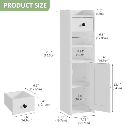 Lomojo Small Bathroom Storage Cabinet,Narrow Toilet Paper Holder,Corner Floor Cabinet with Doors and Drawer for Small Space,Adjustable Shelf Organizer,7.75L*7.75D*29.6H,White