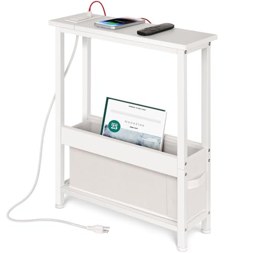 BAMGROW Slim Charging End Table with Storage - for Small Spaces and Bedroom (White) - color: White