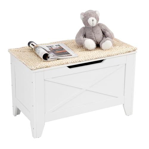 VECELO 30" Storage Bench, Entryway Shoe Ottoman, Farmhouse Style Bench with Handwoven Cushion and Metal Safety Hinges, for Bedroom, Living Room, Entryway, White - color: White, size: 30"W