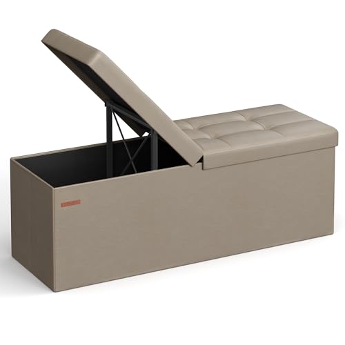 SONGMICS MAZIE Collection - 43 Inches Storage Ottoman Bench with Flipping Lid, Storage Chest with Iron Frame Support, Load 660 lb, for Living Room, Bedroom, Synthetic Leather, Camel Brown ULSF075K03 - color: Camel Brown, size: 15"D x 43"W x 15"H