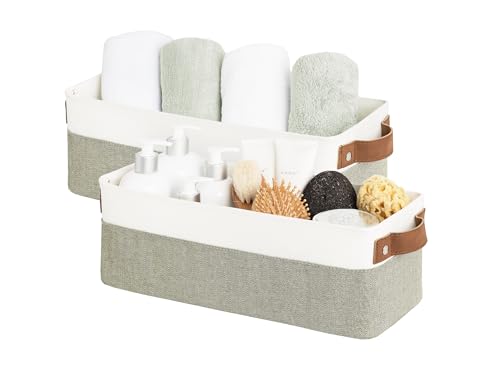 StorageWorks Narrow Storage Bins, Small Basket for Closet and Shelves, Fabric Organizer with Handles, Toilet Paper Storage, Green and White, 2-Pack - color: Green and White, size: 15"L x 6"W x 5"H