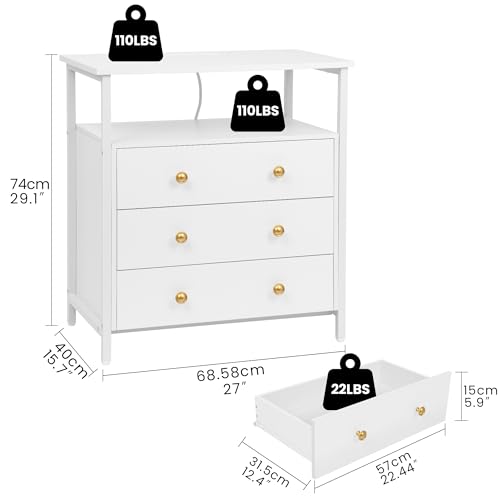 Edbuosy 3 Wooden Drawers Night Stand, 27 Inch Wide Nightstand with Charging Station and Adjustable Drawers, Small Dresser for Closet, Bedside Table for Living Room/Bedroom/Office, White. - color: White, size: 3 Drawers