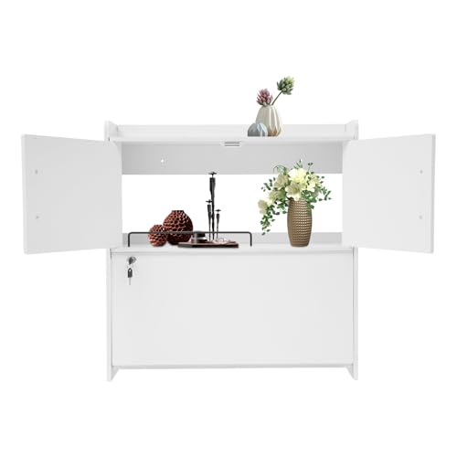 Wall Mounted Folding Desk with LED Light, Space-Saving Laptop Table for Home Office, Writing Workstation with Storage Shelves and Drawer, Floating Cabinet, 58x20x60cm (White) - color: White