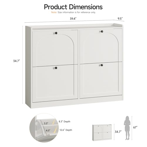 ONBRILL Shoe Cabinet with 4 Flip Drawers, Freestanding Ultra Slim Hidden Shoe Organizer with Classic Arched Pattern, 16-24 Pairs Shoe Storage Cabinet for Entryway Hallway Living Room (White) - color: White