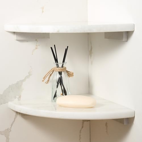 Koville Namibia White Marble Corner Shower Shelf for Bathroom, 10'' Polished Marble Corner Shelves, Wall Mounted Stone Corner Shower Caddy, No Drilling Adhesive Shelf - 1 Layer(No Glue Included) - color: Namib Fantasy White, size: 1-Layer