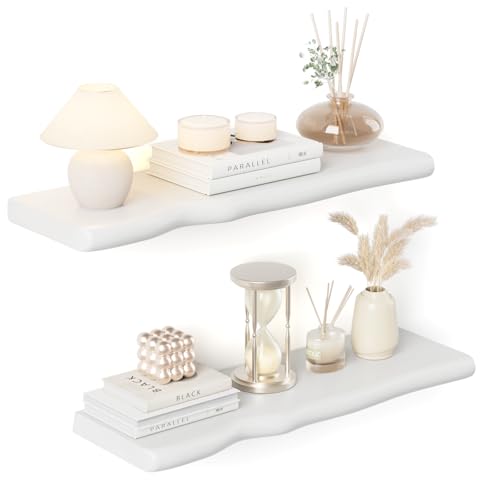 Floating Shelves for Wall Rustic Farmhouse 24 Inch Floating Shelf Bathroom Wooden Shelves for Wall Mounted Live Edge Pine Shelf with Unique Natural Grain for Living Room Bedroom Kitchen (White) - color: White, size: 24 inch - 2pcs