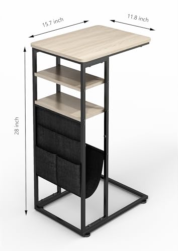 C Shaped End Table 28"(H) 3-Tier C Table with Storage Bag, Under Couch Table C-Shaped End Table with Storage Shelves and Bag for Living Room, Bedroom, or Office - color: Oak, size: Wood