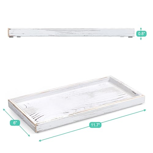 ALELION 11.7" White Bathroom Vanity Tray for Counter - Decorative Tray for Toilet Tank Makeup Perfume Jewelry Catchall Coffee Table - Wooden Kitchen Countertop Organizer for Soap Dispenser - color: Whitewashed, size: 6" x 0.8" x 11.7"