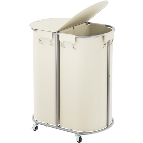 200L Double Laundry Hamper with Lid and Wheels, Large Oval Rolling Laundry Basket 2 section, Sturdy Metal Laundry Cart with 2 Removable Bags, Dirty Clothes Organizer for Home, Dorm, Beige - color: Beige, size: 200L(24.8"L x 16.9"W x 31.5"H)