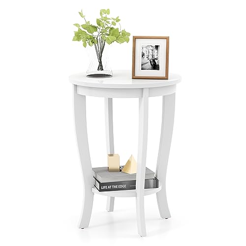 GOFLAME 2-Tier Round End Table, 18” Sofa Side Table with Storage Shelf, Floor Tea Table with Solid Wood Legs, Compact Nightstand for Small Space, Living Room, Bedroom, White - color: White