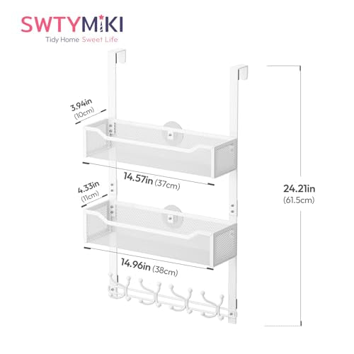 SWTYMIKI Over The Door Hook with 16 Hooks & 2 Mesh Baskets - Heavy Duty Over The Door Organizer Hanger for Towels, Coats, Clothes - Space Saving Hanging Rack for Bathroom, Living Room, White - color: White