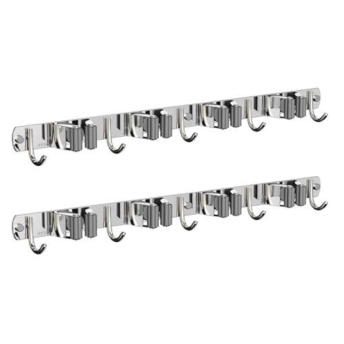 CUXIXA 2 Pack Mop and Broom Holder Wall Mount, Non-slip Broom Hanger Wall Mount, Heavy Duty Mop Broom Organizer for Kitchen Garden Garage Laundry Room Wall Decor Organization and Storage Silver 4R5H - color: Silver, size: 2Pack 4R5H